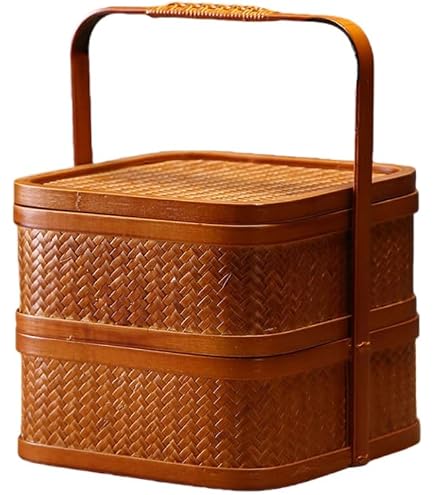 Amazon｜清境 Craft 自然素材にこだわった竹かご ハンドル付き 二段